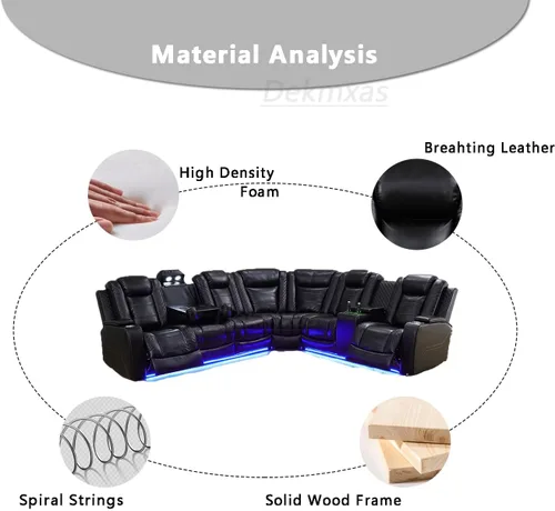 Vista 4 de Sofá reclinable de cuero transpirable con luz LED, sofá modular eléctrico con consola de almacenamiento, soporte para tazas para cine en casa, sala