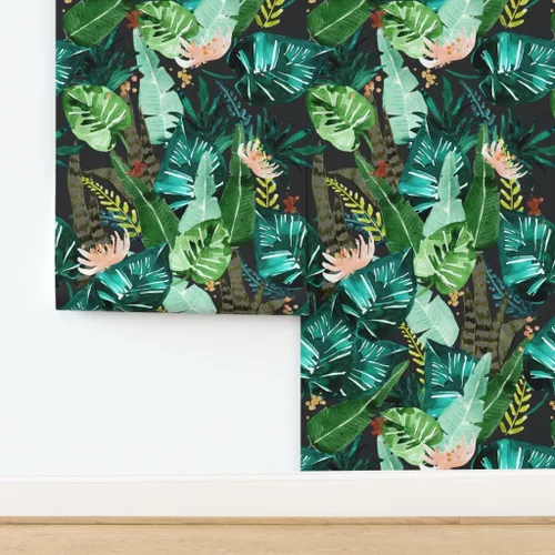 Vista 4 de Spoonflower Papel tapiz para despegar y pegar, hojas oscuras tropicales, hojas de plátano, selva, palma, verde, papel tapiz extraíble personalizado