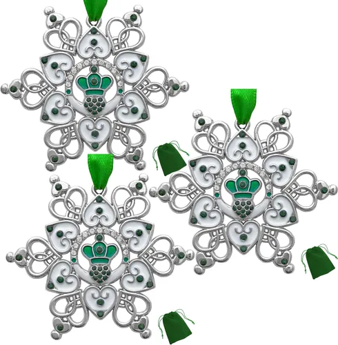 Vista 11 de Adorno de Navidad irlandés – Claddagh – Copo de nieve irlandés – Filigrana de metal y joyas – Bolsa de almacenamiento de regalo incluida mide 3 x 3