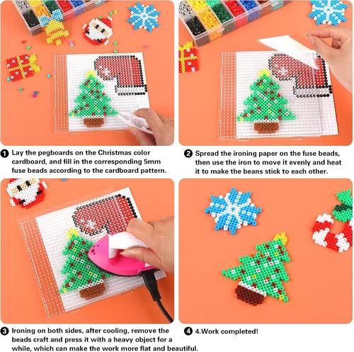 Vista 3 de AUGSUN Kit de cuentas de fusibles de Navidad, 5100 unidades + 24 colores para manualidades, juego de cuentas de fusión para niños, 12 estilos