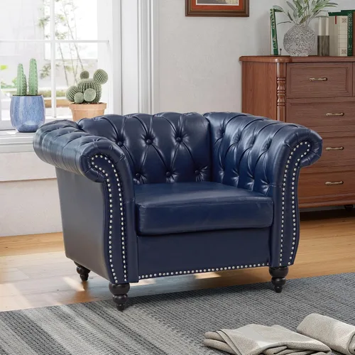 Vista 10 de QHITTY Sofá grande Accent, sofá Chesterfield de 3 plazas moderno de cuero, sofá tapizado con respaldo copetudo para muebles de sala de estar (negro)