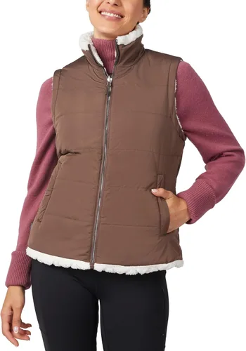 Vista 9 de Free Country Chaleco reversible acolchado de forro polar sherpa ligero con bolsillos con cremallera, chaleco de invierno para damas, aventura