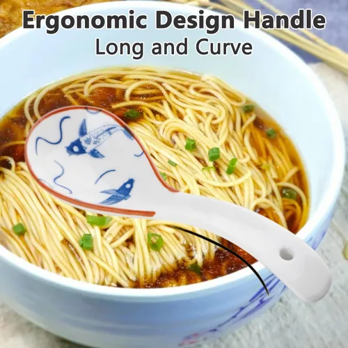 Vista 6 de Juego de 4 cucharas de sopa chinas, cucharas coreanas de porcelana para albóndigas de cereales de fideos Pho