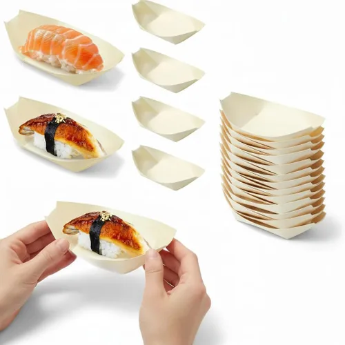 Vista 11 de Hemoton Platos de madera desechables de bambú para barcos de madera, mini sushi, bandeja para servir sushi, bandeja para servir sushi con hojas
