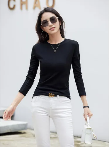 Vista 2 de Camisetas de algodón de manga larga para mujer, ajustadas, cuello redondo, camisetas básicas en capas, ajustadas