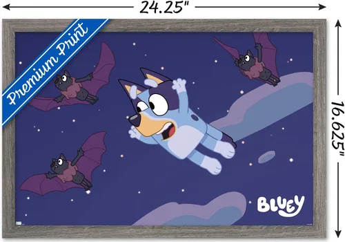 Vista 3 de Bluey - Póster de pared de murciélagos, 22.4 pulgadas de largo x 14.7 pulgadas de ancho, versión enmarcada de madera de granero