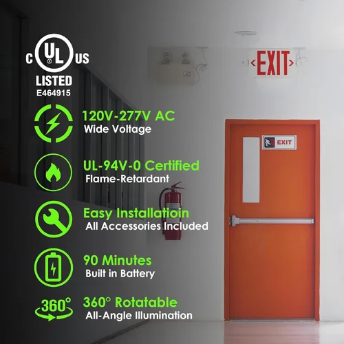 Vista 2 de Gruenlich Señal de salida con luz de emergencia, batería de respaldo, 1 paquete Luz de salida LED cableada para doble cara, 2 cabezales brillantes
