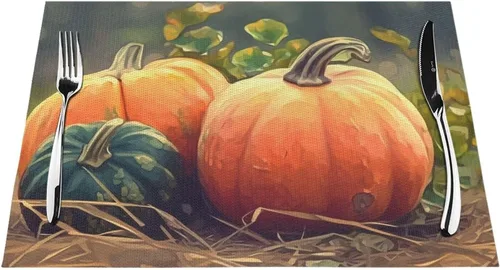 Vista 7 de Juego de 6 manteles individuales de PVC de cosecha de calabaza madura antideslizante, 12 x 18 pulgadas, juego de manteles individuales de granja