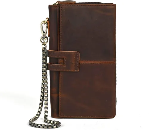 Vista 46 de Genuino Caballo Loco Cuero Regalo de Viaje Moneda Bolsillo Tarjetero Organizador Largo Cadena Rfid Cartera Monedero Con Broche Para Hombres Hombres
