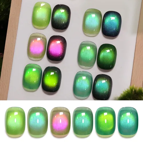 Vista 8 de Born Pretty Esmalte de uñas de gel magnético de ojos de gato verde, 6 colores brillantes con purpurina de cristal holográfico, salvia, oliva