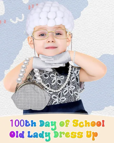 Vista 4 de Croknit 8 Pcs Old Lady Costume Set for Kids 100th Day of School Costume for Girls Granny Wig Cosplay