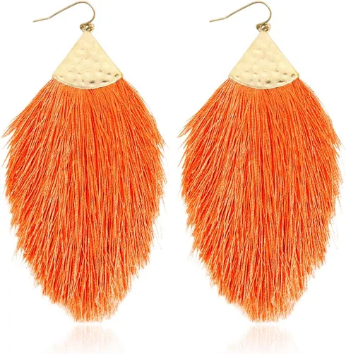 Vista 31 de Aretes bohemios de hilo sedoso con flecos y borlas – Ligeros, colgantes, con hebras y forma de pluma Fleco de plumas - Azul Aqua