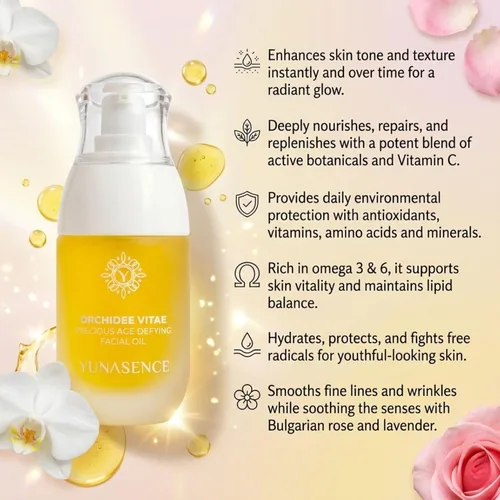 Vista 4 de YUNASENCE ORCHIDEE VITAE - Suero de aceite facial antienvejecimiento orgánico precioso, aceite facial con flor de orquídea, argán, maracuja, papaya