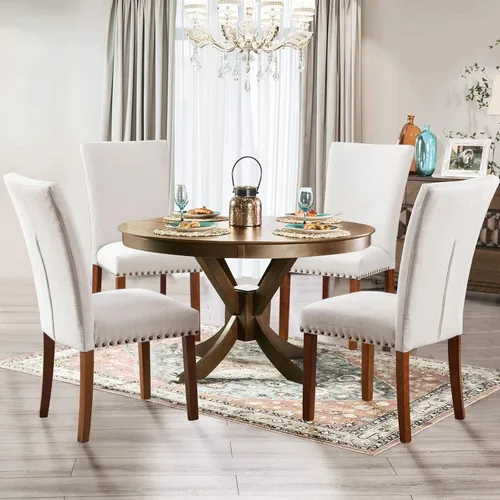 Vista 4 de Juego de 2 sillas tapizadas de tela para comedor, sillas de cocina estilo Parsons con ribete de cabeza de clavo y patas de madera - Beige