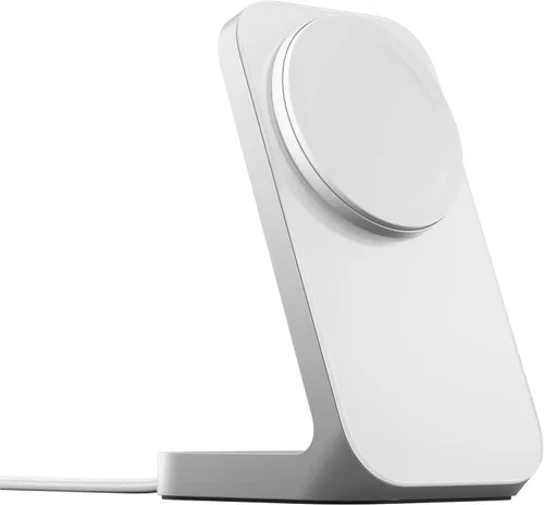 Vista 2 de NOMAD Stand One Silver, estación de carga MagSafe Qi2 de 25 W para iPhone y AirPods, soporte de cargador inalámbrico 2 en 1 con soporte de modo