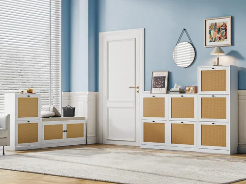 Vista 8 de Anmytek Armario grande de almacenamiento de zapatos de ratán natural con 4 cajones abatibles, armario de almacenamiento de zapatos independiente