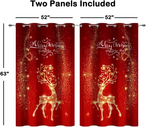 Vista 6 de Cortinas rojas de Navidad para sala de estar, juego de 2 paneles, cortinas de ventana de terciopelo rojo de 63 pulgadas de largo, cortinas