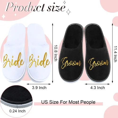 Vista 2 de Janmercy 2 pares de pantuflas de boda para novio, novia para boda, pantuflas personalizadas para ducha, regalos de fiesta de novia, blanco y negro