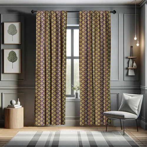 Vista 5 de Ambesonne Yellow Damask Curtains, Fish Scale Style Traditional Eastern Peacock Motif and Braid Stripes, Window Treatments 2 Panel Set for Living