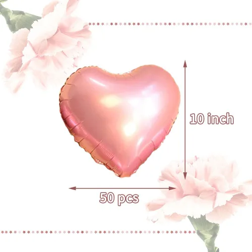 Vista 2 de 50 globos de corazón de oro rosa de 10 pulgadas, globos de papel de aluminio con forma de corazón de Mylar para cumpleaños, boda, amor, decoración