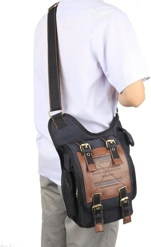 Vista 9 de Bolso de mensajero de lona vintage para hombre, bolso de mensajero de retazos de cuero en el pecho