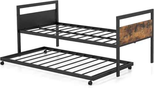 Vista 9 de KOMFOTT Sofá cama de metal de tamaño individual con nido, marco de sofá cama con cabeceras de madera, soporte de listones de metal, marco de sofá