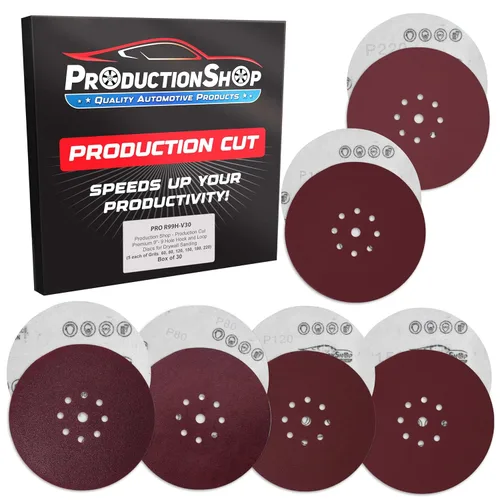 Vista 11 de ProductionShop Discos de lijado de grano 60 con patrón rojo de 9 agujeros de 9 pulgadas, caja de 20 – Papel de lija sin polvo con respaldo de gancho