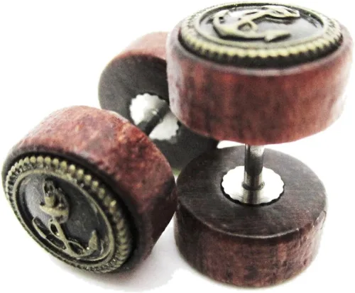 Vista 2 de Aretes de madera orgánica con emblema de anclaje de metal - Nuevo!, Metal