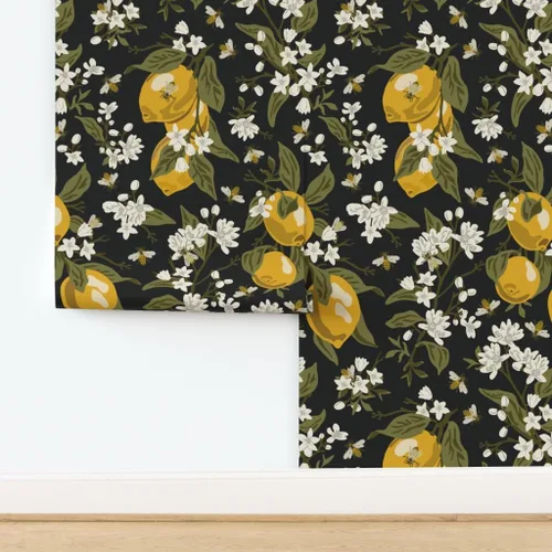 Vista 4 de Papel tapiz para despegar y pegar, abejas, limones, negro, grande, moderno, cítrico, tradicional, extraíble, por Spoonflower