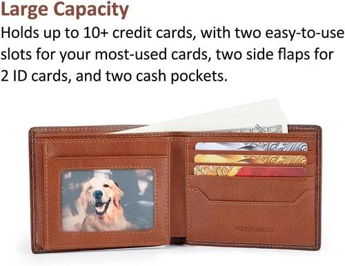 Vista 3 de VANNANBA Cartera de cuero de grano completo de gran capacidad con 2 ventanas para identificación, 11 ranuras para tarjetas, 2 bolsillos