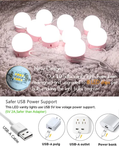 Vista 3 de Luces LED para Espejo de Tocador, Luces de Tocador para Iluminación de Espejo de Maquillaje, 10 Bombillas Regulables, Color de Luz y Brillo