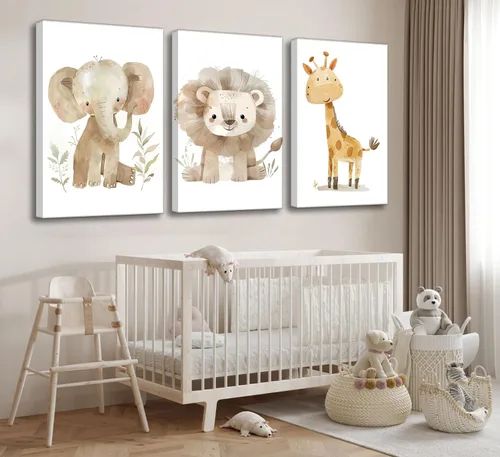 Vista 5 de UNDDISINS 3 piezas de lienzo para guardería de animales, arte de pared, acuarela, animales de bebé, pintura para decoración de pared, lindo