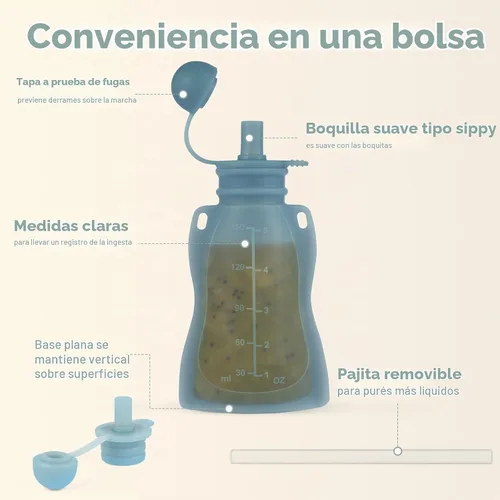 Vista 4 de Eascrozn - Paquete de 4 bolsas de silicona reutilizables para alimentos para bebés con pajitas, sin BPA