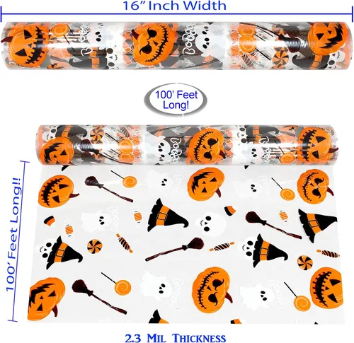 Vista 3 de AnapoliZ Rollo de celofán de Halloween 100 pies de largo x 16 pulgadas de ancho 2.3 mil de grosor, transparente con diseños de Halloween