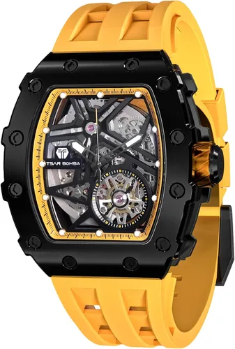 Vista 22 de Tsar Bomba Men's Automatic Watch Tonneau Luxury Skeleton Watch for Men Mechanical 50M Waterproof Wristwatch Gift for Men 08tc-whi