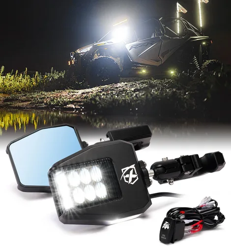 Vista 8 de Xprite UTV Espejos Laterales de Aluminio con Focos LED Lente Transparente Compatible con Barra de Jaula Antivuelco de 1.75"-2" para Pioneer Polaris
