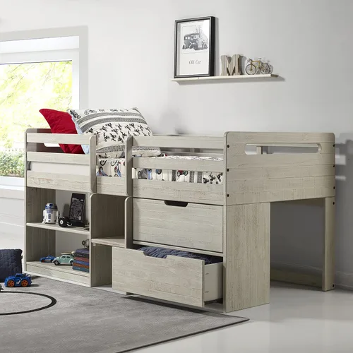 Vista 7 de Donco Kids Cama tipo loft baja individual con estantería y baúl de almacenamiento, individual, gris claro rústico