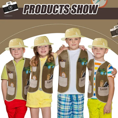 Vista 4 de Geyoga 24 piezas de disfraces de explorador de safari para niños, incluye 8 chalecos de safari y 8 bolsas de plástico para sombreros, traje