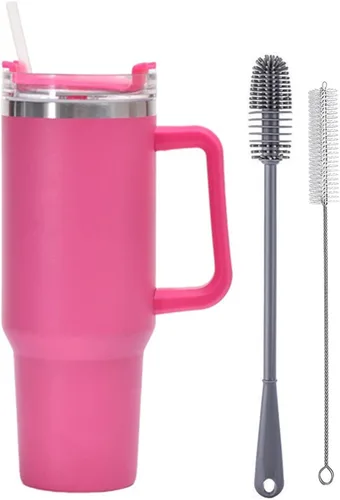Vista 7 de Botella de agua aislada de acero inoxidable de 40 onzas con tapa con pajilla, vaso aislado al vacío de acero inoxidable con asa, vasos aislados Negro