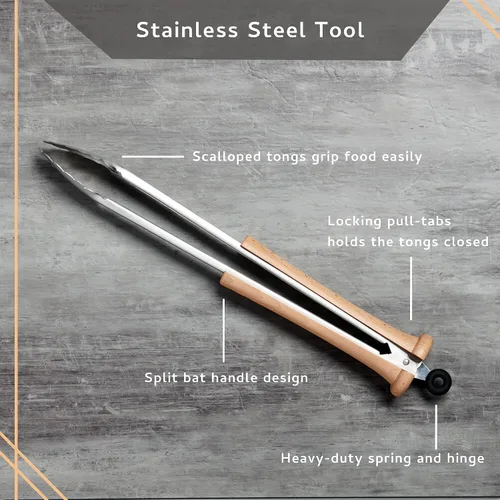 Vista 2 de Baseball BBQ Pinzas para parrilla 'Splitfinger' Accesorios y utensilios para parrilla para aficionados al béisbol Mango de murciélago de madera