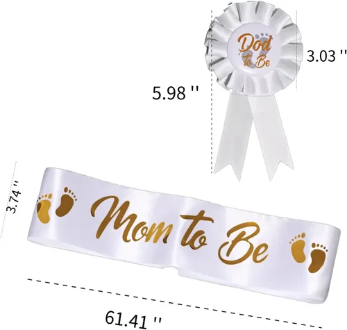 Vista 6 de Paquete de 2 decoraciones para baby shower, banda de mamá y papá para ser insignias de hojalata con bonito patrón de pies dorados para fiesta
