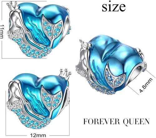 Vista 3 de FOREVER QUEEN Dijes de sirena para pulsera de plata de ley 925, abalorios de circonita cúbica en forma de corazón, cuentas esmaltadas azules