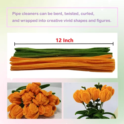 Vista 3 de Juego de 200 limpiapipas naranja verde oliva con alambres florales y cinta de jardinería, tallos de felpilla para hacer ramos de tulipanes, caqui