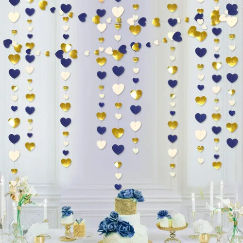 Vista 3 de 52 pies Guirnalda de corazón de amor dorado azul marino para decoración de fiesta del día de San Valentín Bandera de serpentina colgante azul real