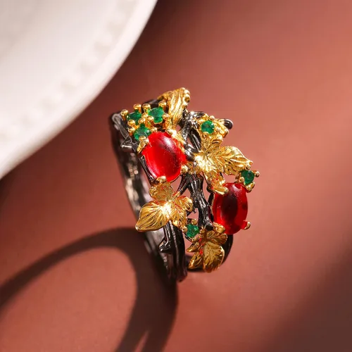 Vista 6 de Gothic Ruby Black Rings Women - Colorful Rhinestone Golden Leaf Copper Rings