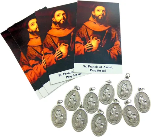 Vista 2 de Westmon Works Medalla de San Francisco para mascotas a granel paquete de diez regalos con tarjetas de oración sagrada, Base Italian metal medals