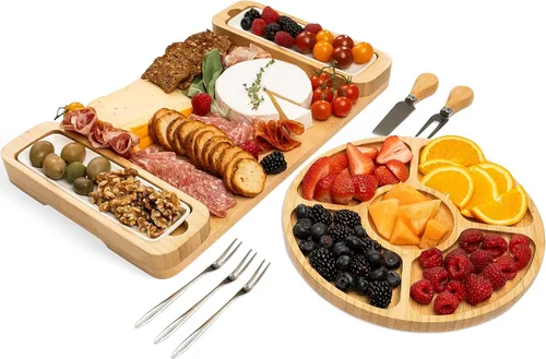 Vista 11 de Bambüsi Tablas de charcutería – Juego de tablas grandes de bambú para charcutería con cuchillos para servir, bandeja de queso, regalos