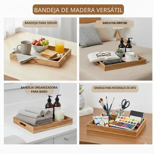 Vista 2 de Mela Artisans - Bandeja rectangular de madera de mango para servir, natural Bordes rectangulares