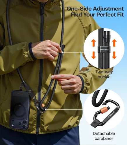 Vista 7 de TORRAS Cordón para teléfono con trabillas para colgar, correa ajustable antirrobo cruzada para teléfono para iPhone 17 Pro Max, amigable