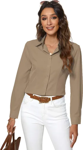 Vista 17 de Atnlewhi - Camisa de trabajo clásica con botones, manga larga, elástica, formal y casual para mujer